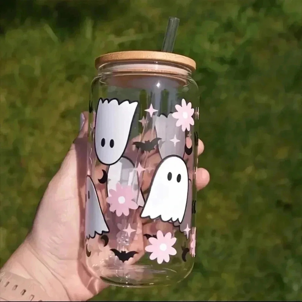 Pink ghost floral pastel Gothic Style glass drink water bottle coffee mug straw